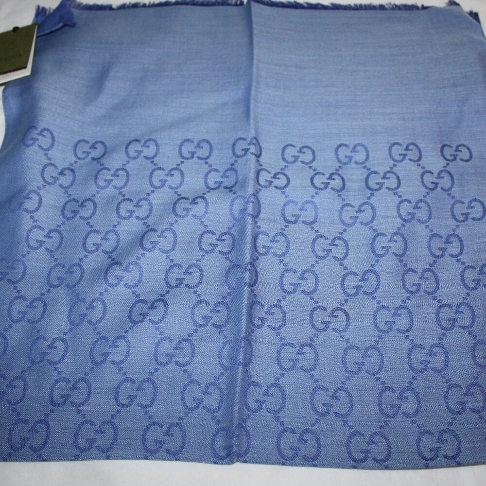 NWT GUCCI Blue Periwinkle Jacquard GG Wool Silk Scarf Unisex